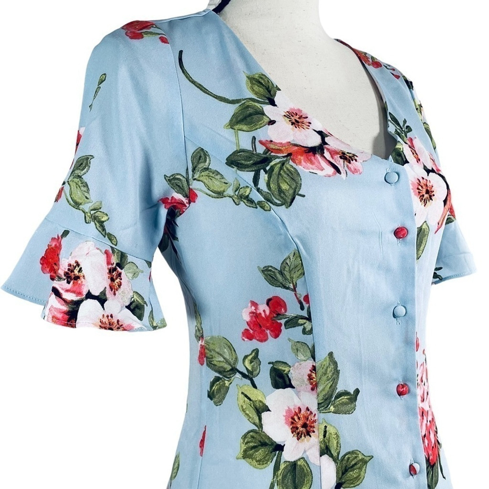 MINE Baby Blue Floral Short Sleeve Button Down Dress - Picture 4 of 9